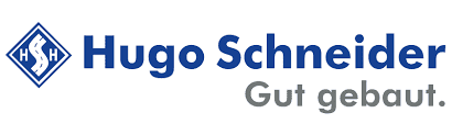 Logo von Hugo Schneider mit Slogan „Gut gebaut“ in blauen und grauen Farben auf weißem Hintergrund.