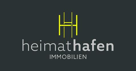 Logo von heimat hafen immobilien in gelb und grau auf dunklem Hintergrund. Buchstaben "H" stilisiert dargestellt.