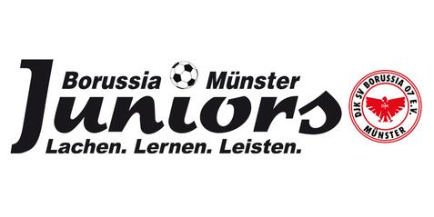 Logo von Borussia Münster Juniors mit dem Slogan: „Lachen. Lernen. Leisten.“ und einem Fußball-Symbol.