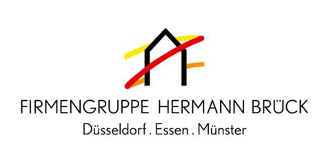 Logo der Firmengruppe Hermann Br&uuml;ck mit den St&auml;dten D&uuml;sseldorf, Essen und M&uuml;nster in stilisierter Schrift und grafischen Elementen.
