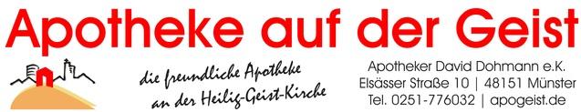 Logo der Apotheke auf der Geist mit Adresse, Kontaktinformationen und Slogan unter rot-wei&szlig;er &Uuml;berschrift.