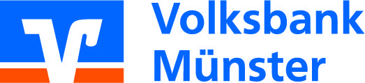 Logo der Volksbank M&uuml;nster mit blauer Schrift und stilisiertem V in Blau und Wei&szlig; auf einem roten Streifen.