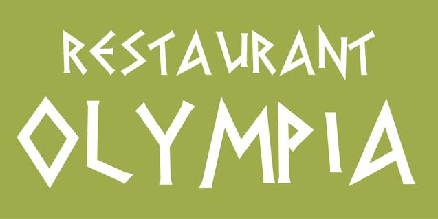 Logo des Restaurants "Olympia" mit markantem, verspieltem Schriftzug auf gr&uuml;nem Hintergrund.