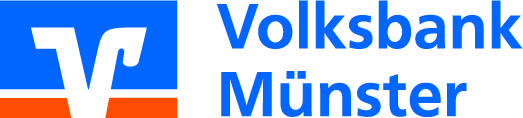 Logo der Volksbank M&uuml;nster mit blauer Schrift und stilisiertem V in Blau und Wei&szlig; auf einem roten Streifen.