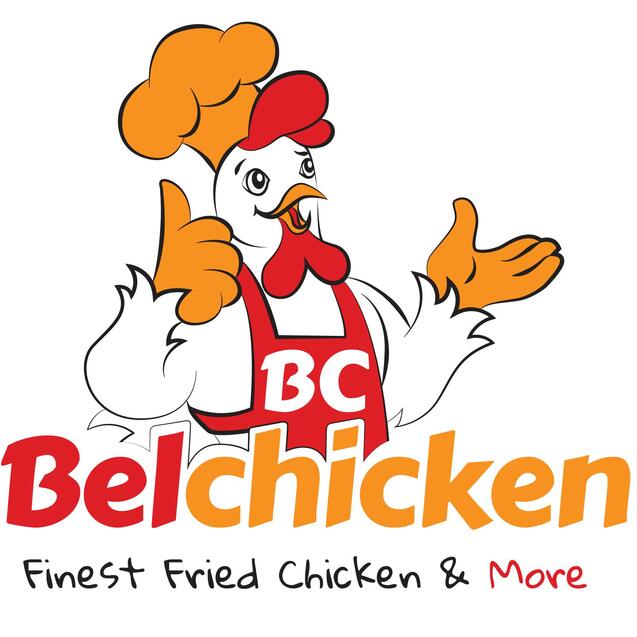 Logo von Belchicken: Ein l&auml;chelnder Kochhahn mit rotem Hut und Sch&uuml;rze, der Daumen hoch zeigt. Schriftzug &bdquo;Belchicken&ldquo;.