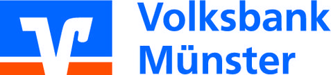 Logo der Volksbank M&uuml;nster mit blauer Schrift und stilisiertem V in Blau und Wei&szlig; auf einem roten Streifen.