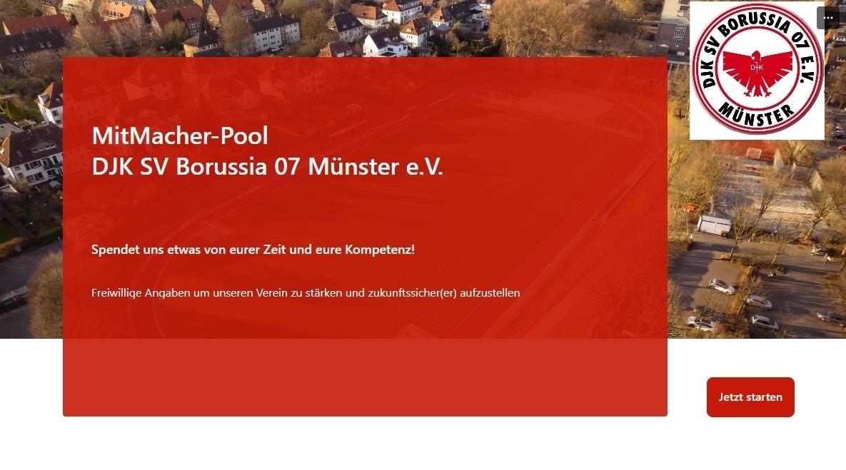 Webseite des DJK SV Borussia 07 M&uuml;nster e.V. mit Aufruf zur Zeit- und Kompetenzspende auf rotem Hintergrund.