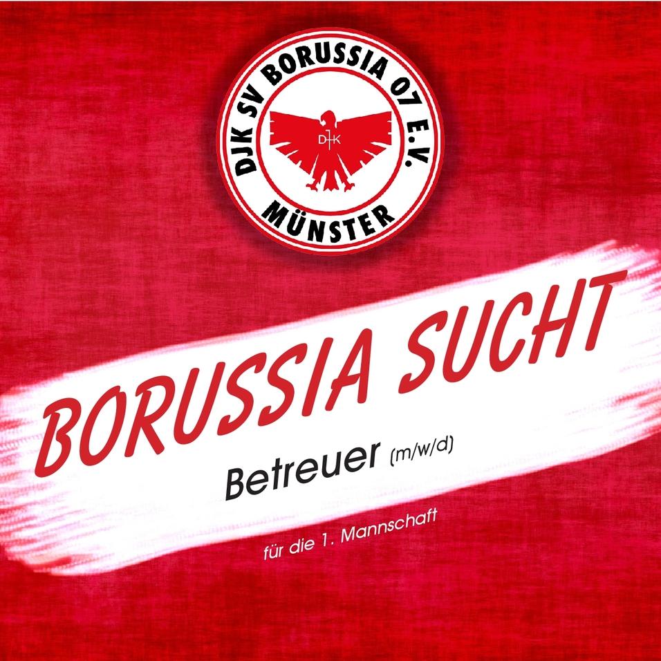 Anzeige für die Fußballmannschaft Borussia mit der Suche nach einem Betreuer (m/w/d) auf rotem Hintergrund.
