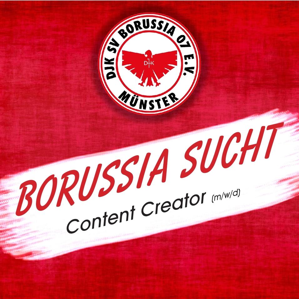 Logo des DJK SV Borussia 07 e.V. Münster mit dem Text „Borussia sucht Content Creator (m/w/d)“ auf rotem Hintergrund.