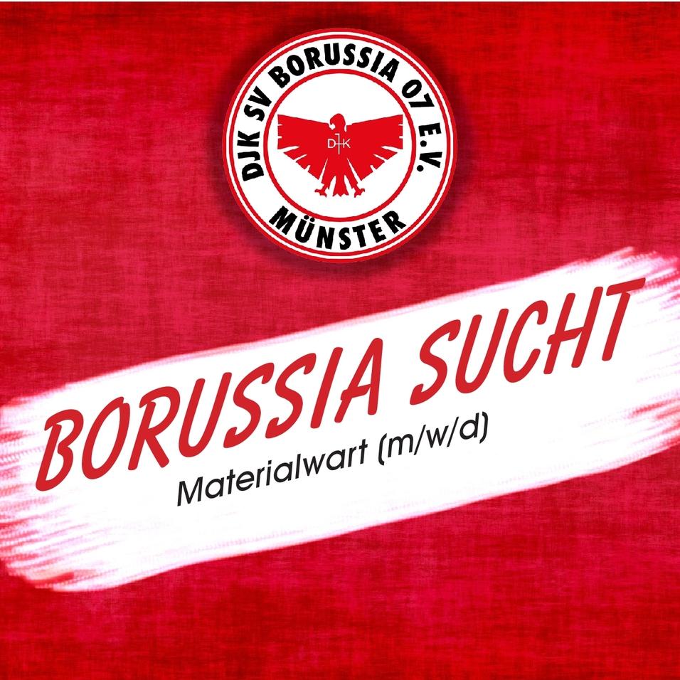 Logo des DJK SV Borussia 07 e.V. Münster mit Text „BORUSSIA SUCHT: Materialwart (m/w/d)“ auf rotem Hintergrund.
