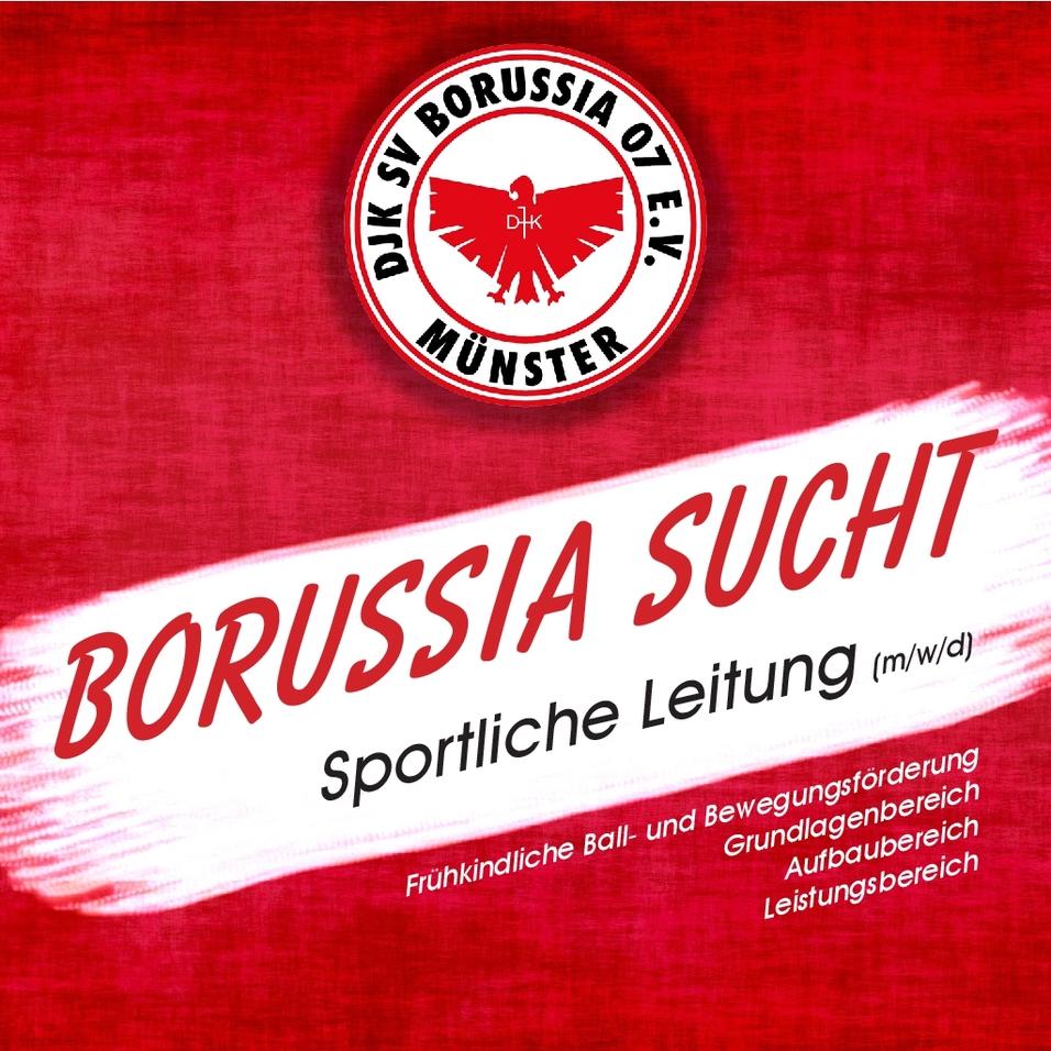 Stellenausschreibung für die sportliche Leitung bei DJK SV Borussia 07 e.V. Münster auf rotem Hintergrund.