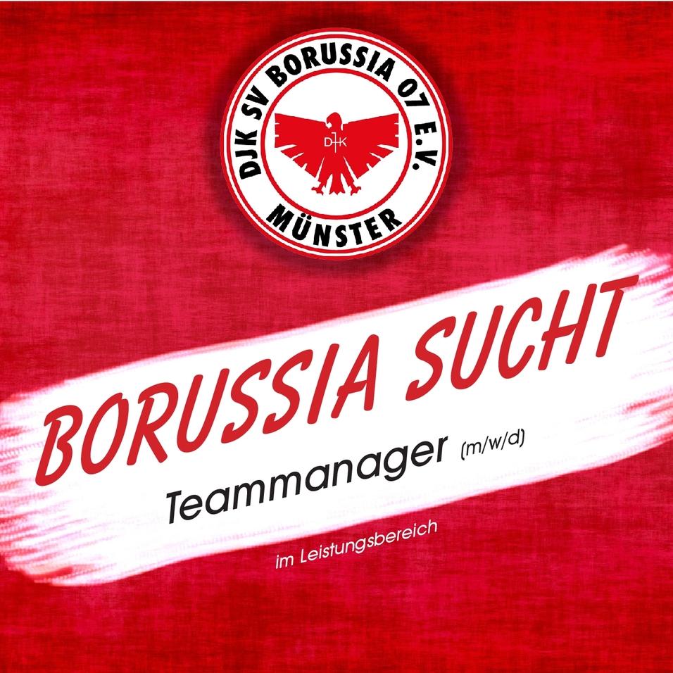 Plakat mit dem Text „Borussia sucht Teammanager (m/w/d)“ und dem Vereinslogo von DJK SV Borussia 07 Münster auf rotem Hintergrund.