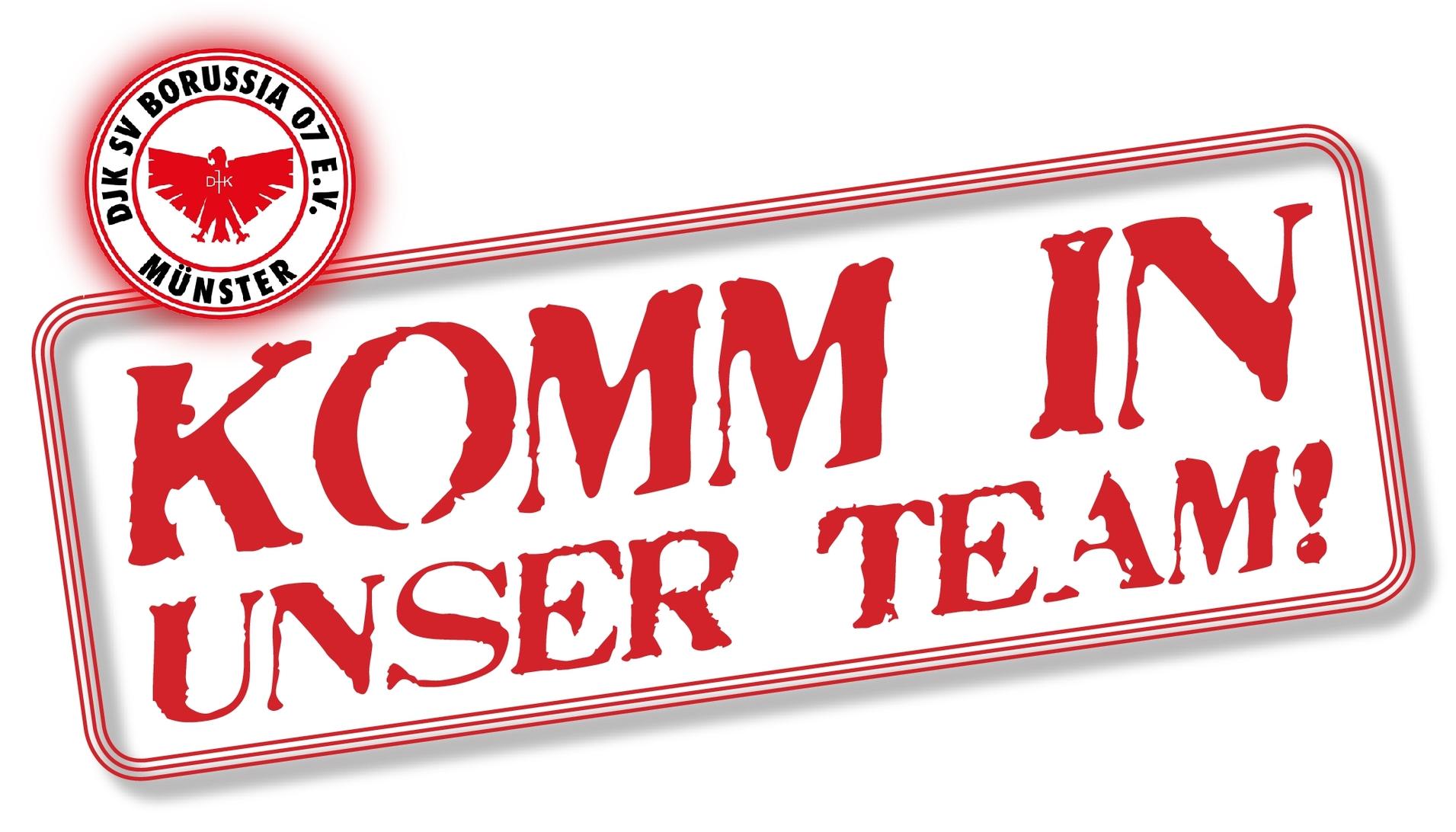 Logo der DJK SV Borussia 01 e.V. M&uuml;nster mit dem Text &bdquo;Komm in unser Team!&ldquo; in roter Schrift auf wei&szlig;em Hintergrund.