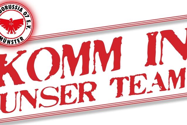 Logo der DJK SV Borussia 01 e.V. M&uuml;nster mit dem Text &bdquo;Komm in unser Team!&ldquo; in roter Schrift auf wei&szlig;em Hintergrund.