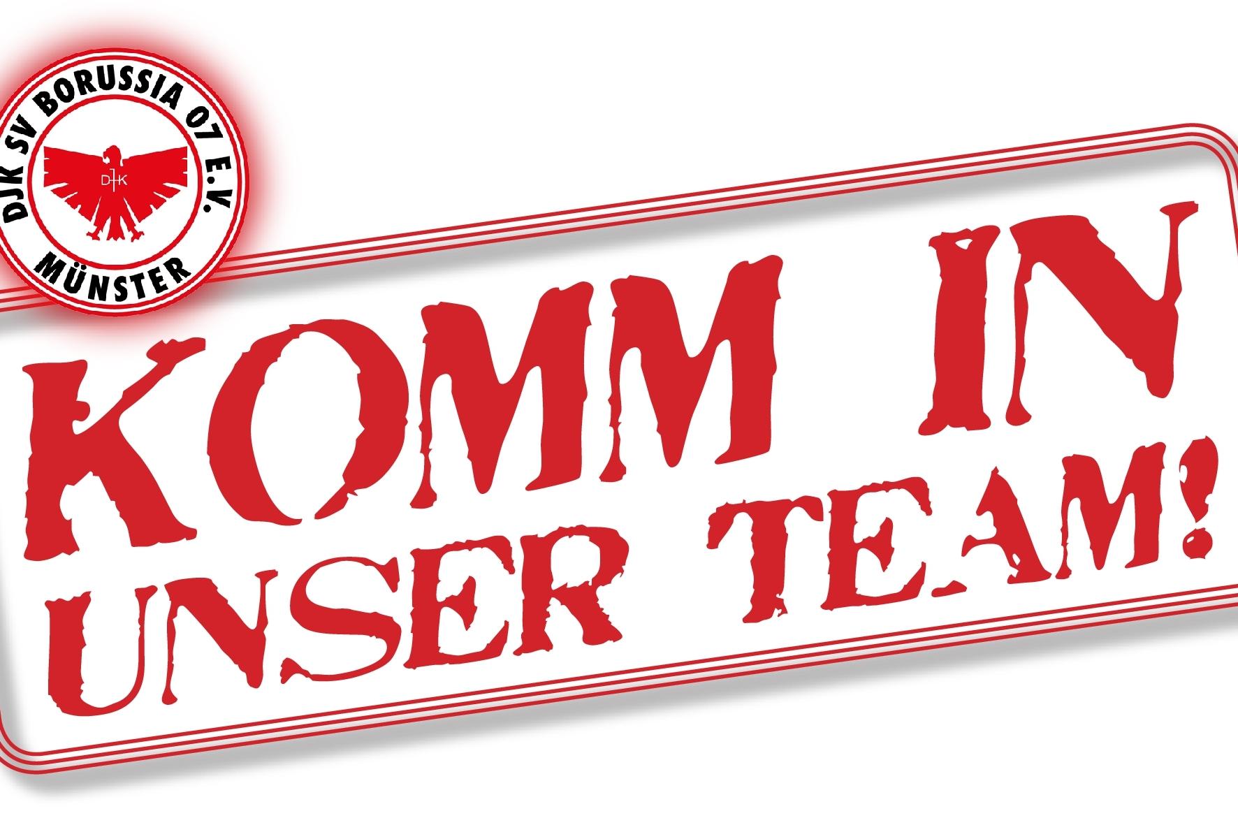 Logo der DJK SV Borussia 01 e.V. M&uuml;nster mit dem Text &bdquo;Komm in unser Team!&ldquo; in roter Schrift auf wei&szlig;em Hintergrund.