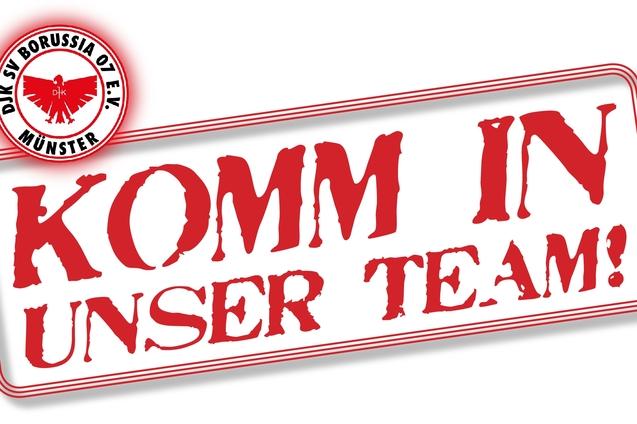 Logo der DJK SV Borussia 01 e.V. M&uuml;nster mit dem Text &bdquo;Komm in unser Team!&ldquo; in roter Schrift auf wei&szlig;em Hintergrund.