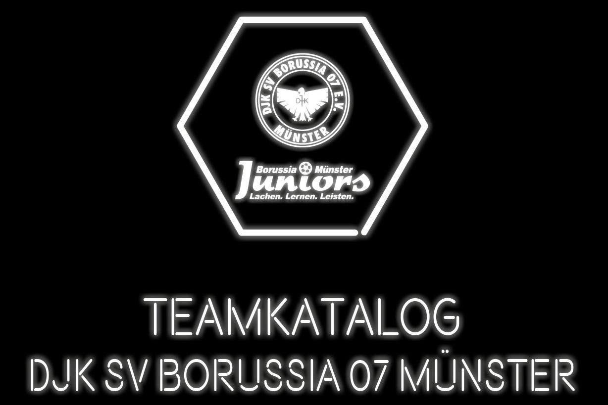 Teamkatalog der DJK SV Borussia 07 M&uuml;nster mit Logo und Motto &bdquo;Lachen. Lernen. Leisten.&ldquo; auf schwarzem Hintergrund.