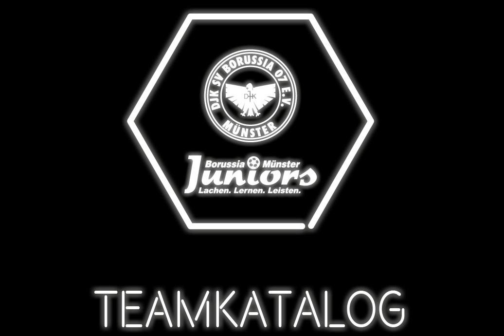 Teamkatalog der DJK SV Borussia 07 Münster mit Logo und Motto „Lachen. Lernen. Leisten.“ auf schwarzem Hintergrund.