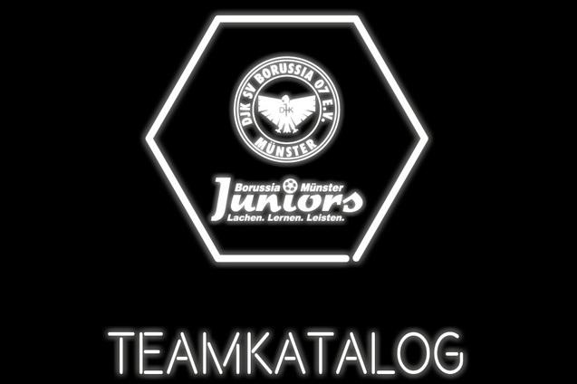 Teamkatalog der DJK SV Borussia 07 M&uuml;nster mit Logo und Motto &bdquo;Lachen. Lernen. Leisten.&ldquo; auf schwarzem Hintergrund.
