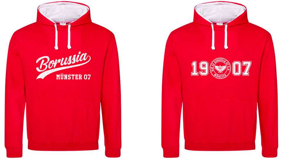 Rote Sweatjacke mit Aufdruck "Borussia Münster 07" und "1907" auf der Vorder- und Rückseite.