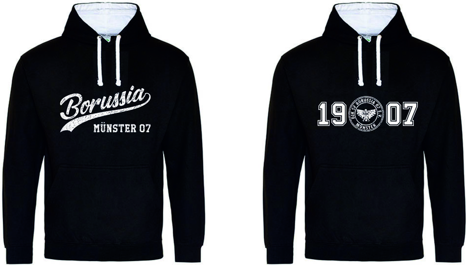 Schwarzer Hoodie mit Schriftzug „Borussia Münster 07“ auf der Vorderseite und „1907“ mit Wappen auf der Rückseite.