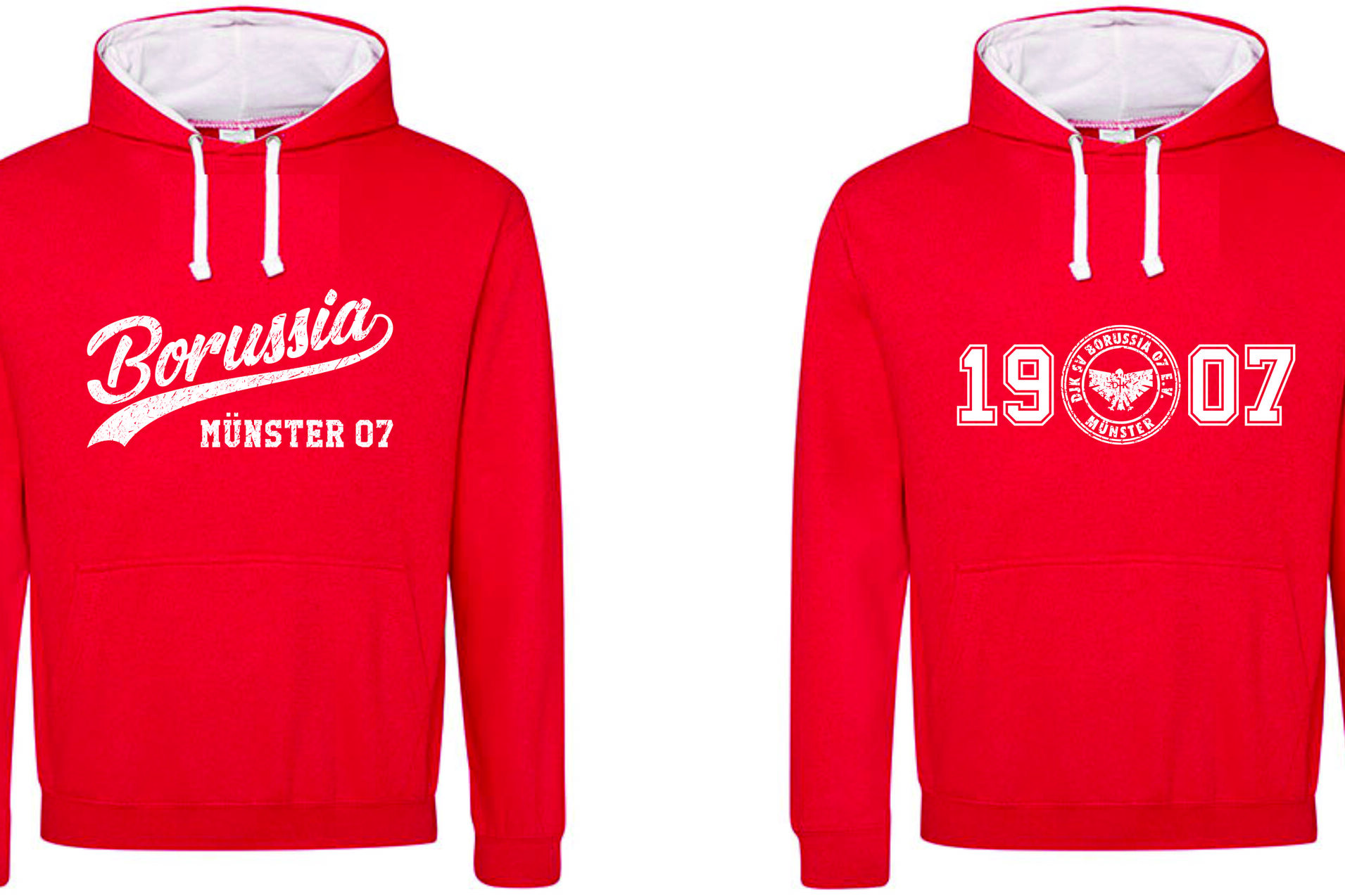 Rote Sweatjacke mit Aufdruck "Borussia M&uuml;nster 07" und "1907" auf der Vorder- und R&uuml;ckseite.