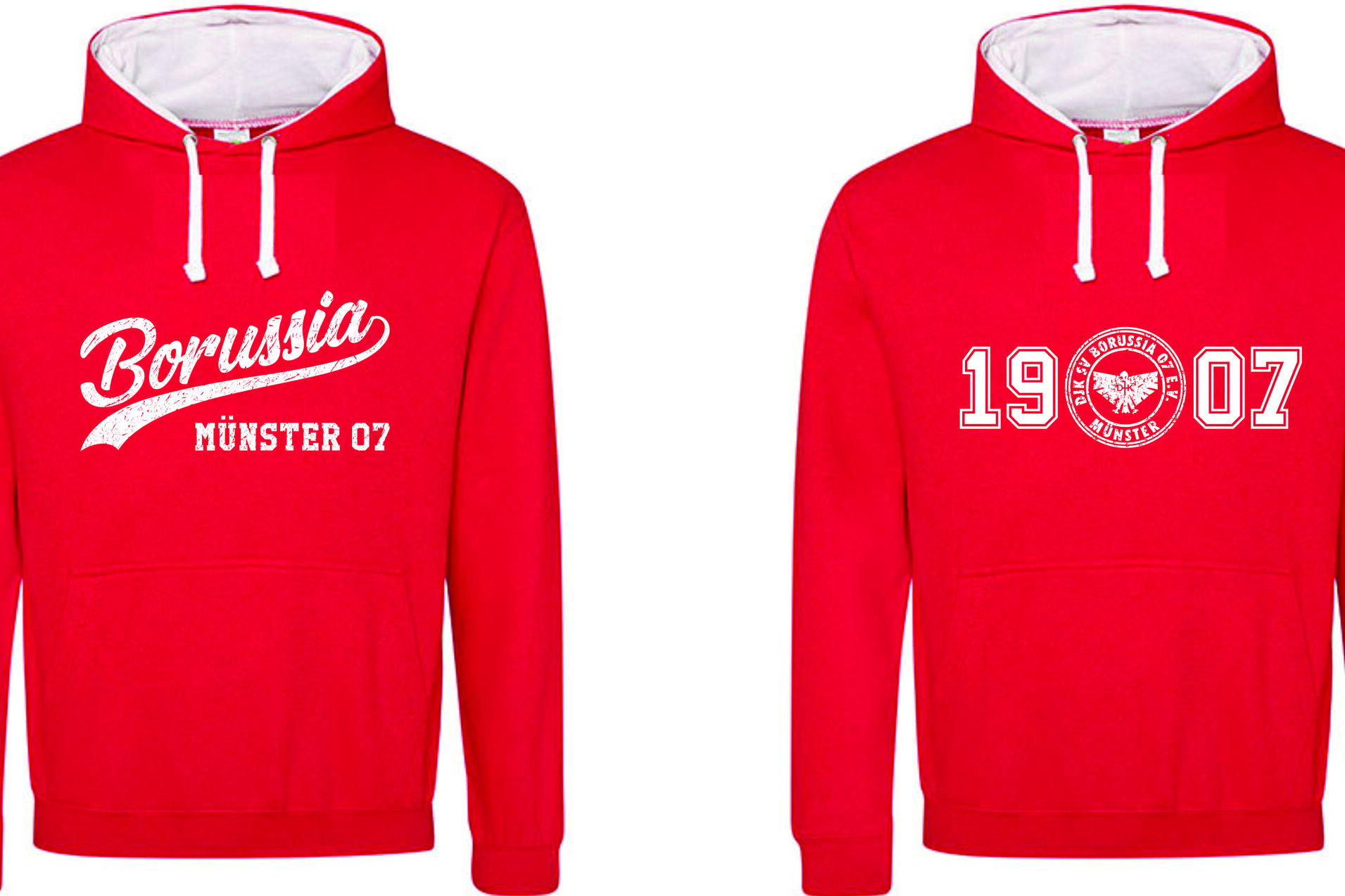 Rote Sweatjacke mit Aufdruck "Borussia Münster 07" und "1907" auf der Vorder- und Rückseite.