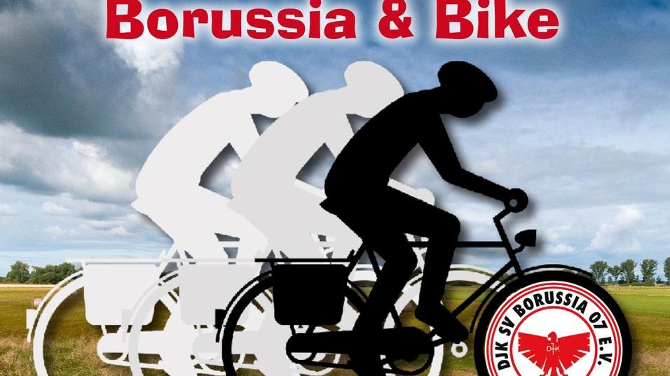 Silhouette von Radfahrern in Bewegung mit Schriftzug &bdquo;Borussia & Bike&ldquo; &uuml;ber einer l&auml;ndlichen Landschaft.